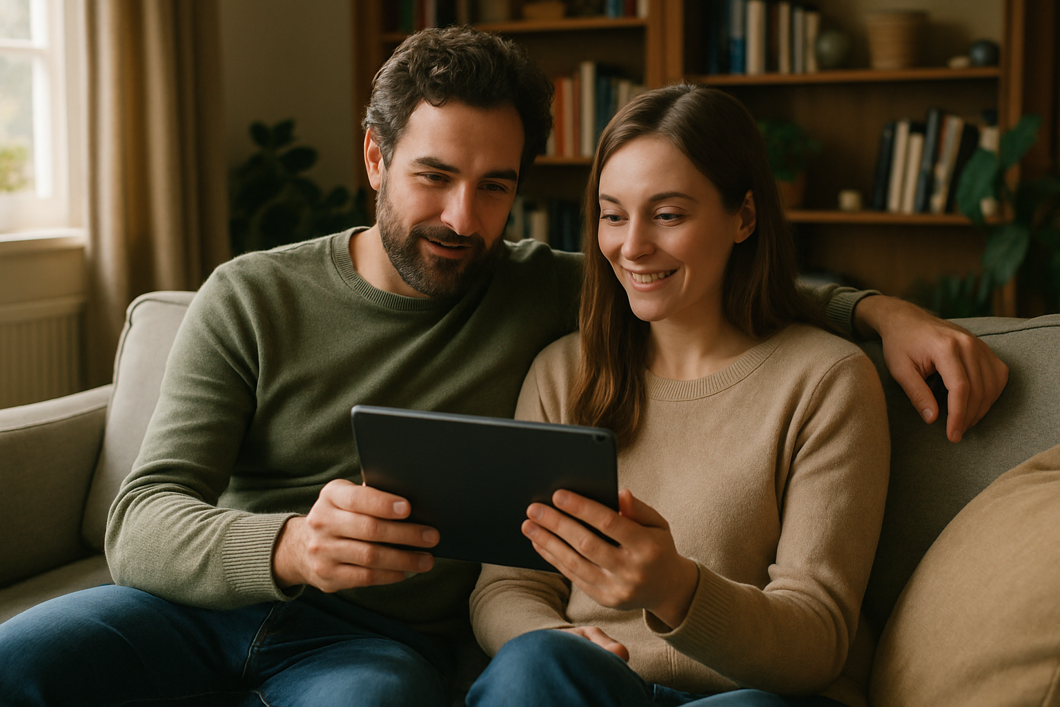 Genera la imágen de un hombre y una mujer sentados en su sofá compartiendo una lectura a través de una tablet, ambiente relajado chill, estilo documental. Imágen nítida como Cámara DSRL.
